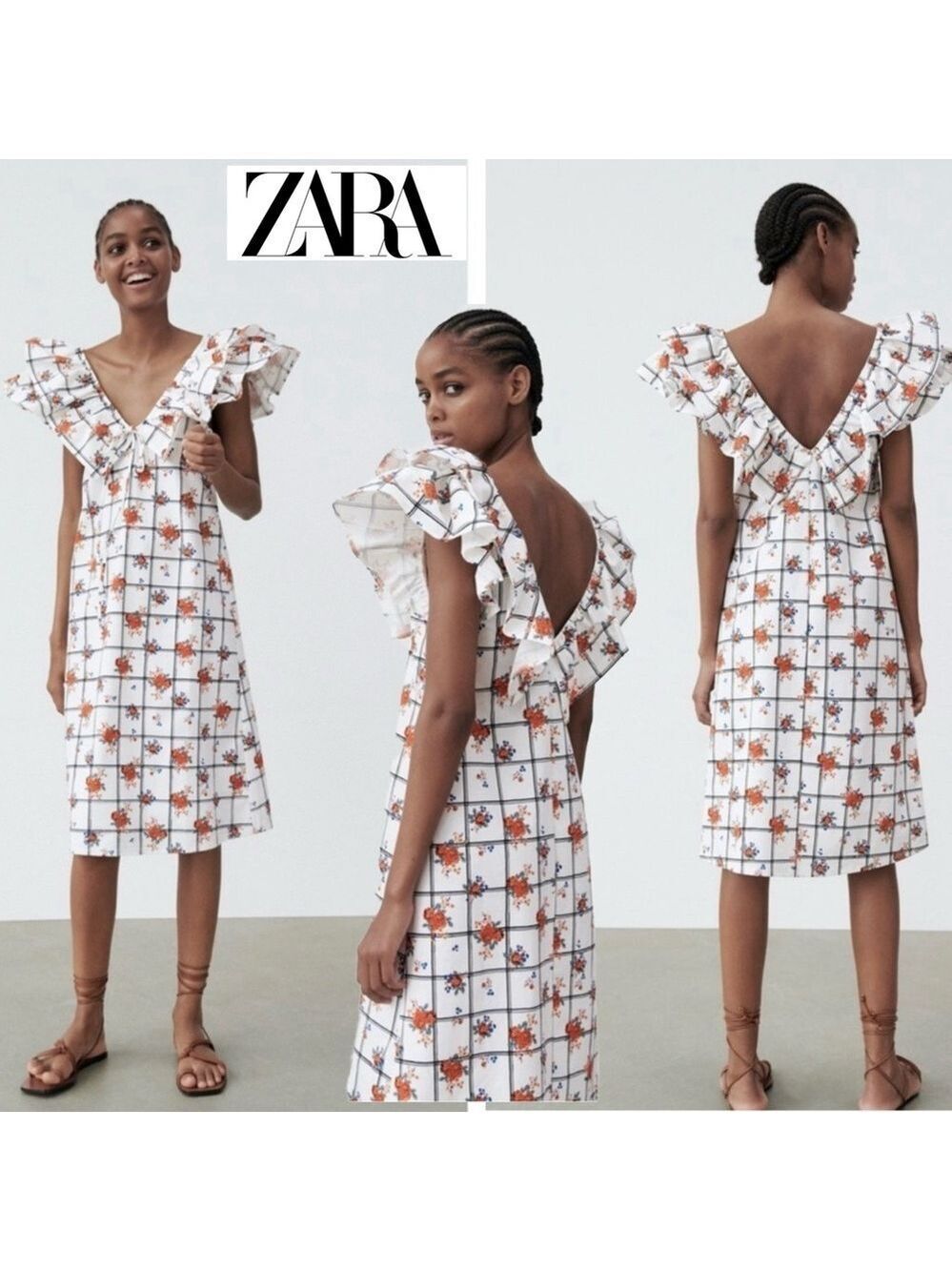 Zara white floral flower windowpane print ruffle sleeve dress boho prairie Sz S